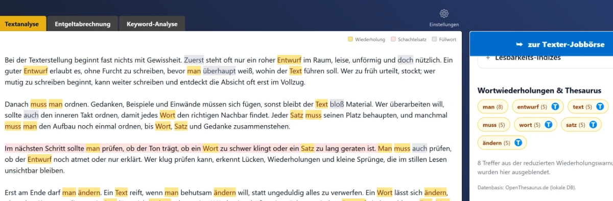 Wortwiederholungsprüfung beim Texterjobboerse Tool