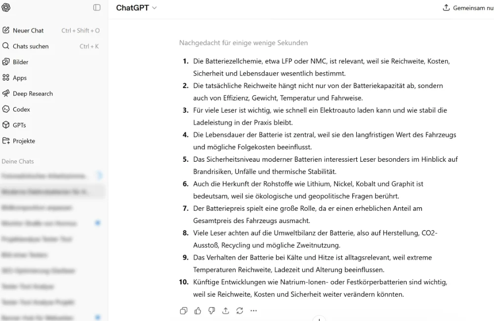 Beispiel Gliederung der KI zum Thema Autobatterien