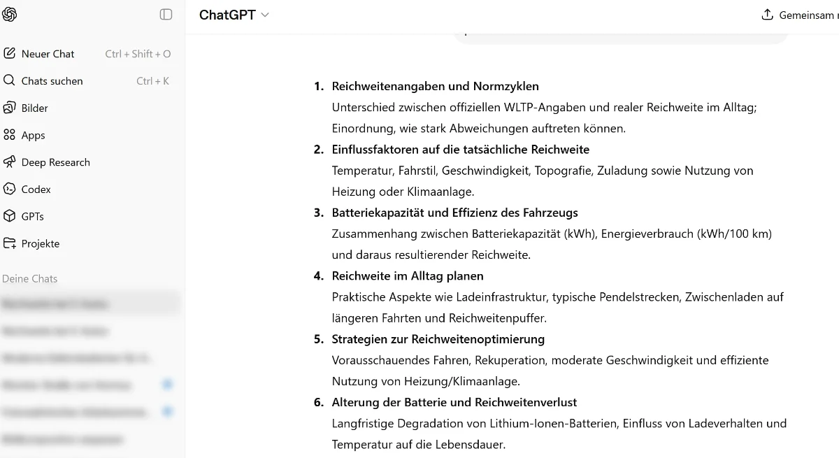 Beispiel Gliederung der KI zum Thema Reichweite der Batterien