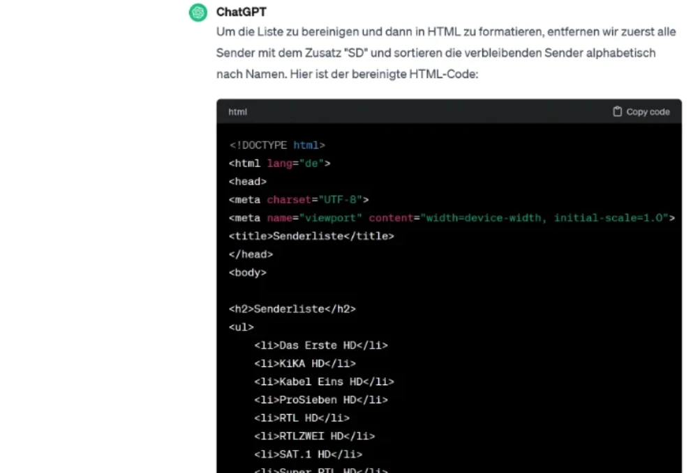 Beispiel KI erstellt Liste für Webseite und sortiert