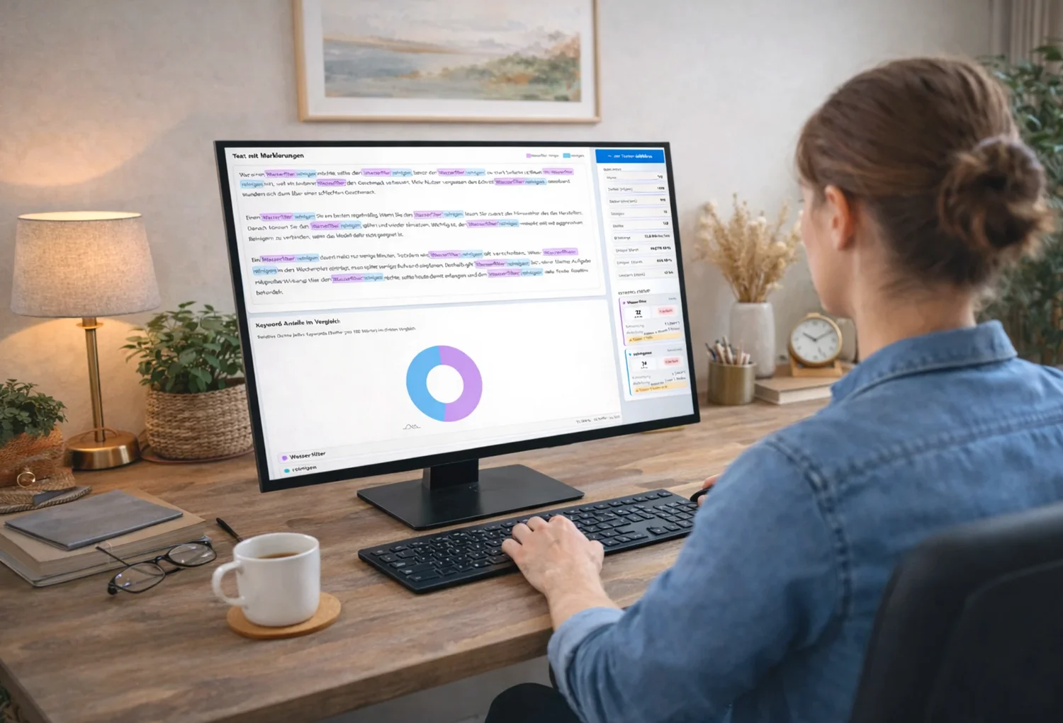 Frau macht Keywordanalyse mit Texterjobboerse.de Tool