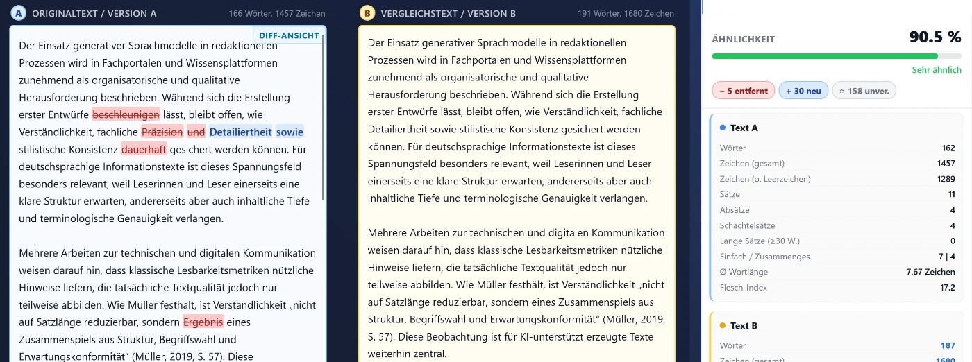 Screenshot: Text A und B im Vergleich